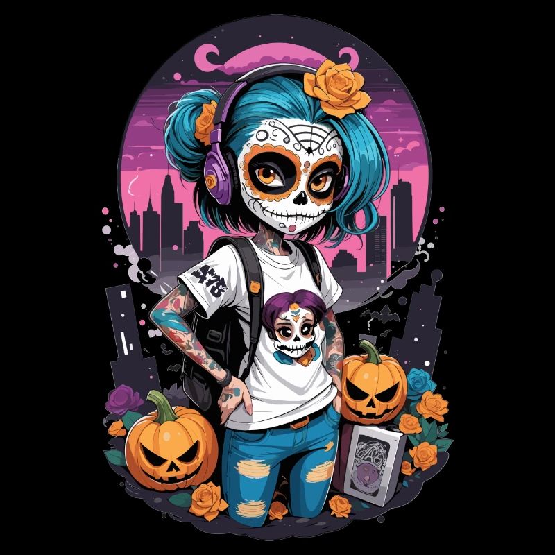 Sugar Skull Girl with Pumpkins