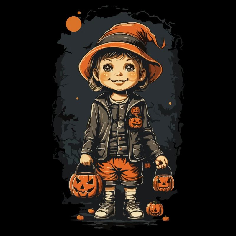 Retro Halloween Art Kid with Jack O'Lantern