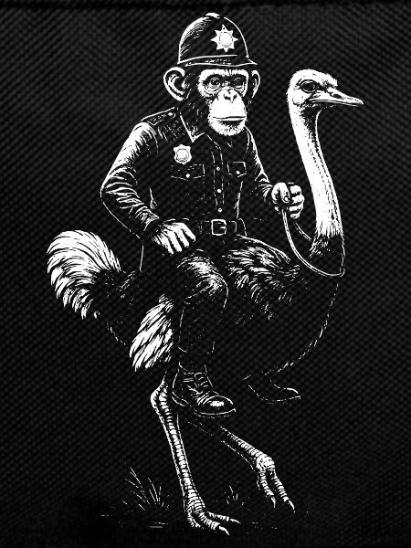 Humorous Monkey Policeman Riding Ostrich 