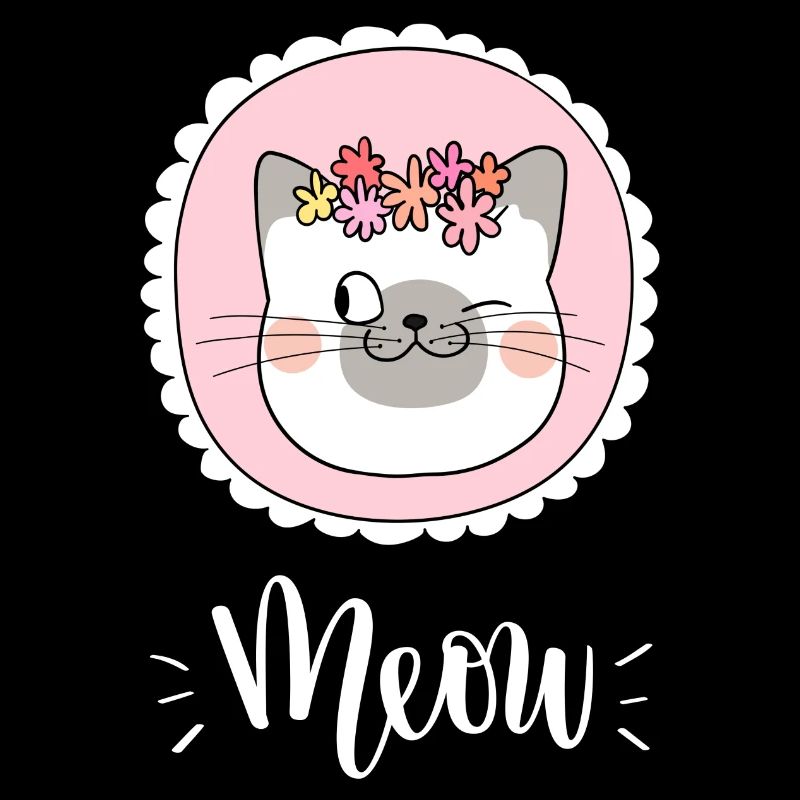 Chat mignon Kawaii drôle avec des fleurs disant miaulement