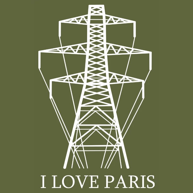 Power pole as Eiffel Tower "I Love Paris" satire