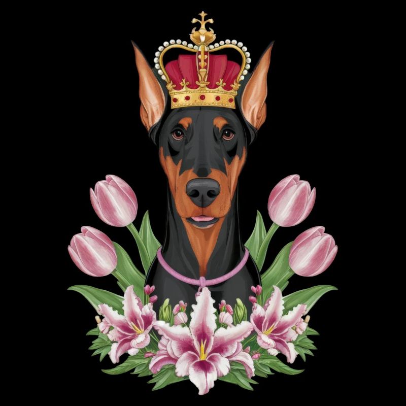 Doberman Pinscher avec couronne, lys et tulipes