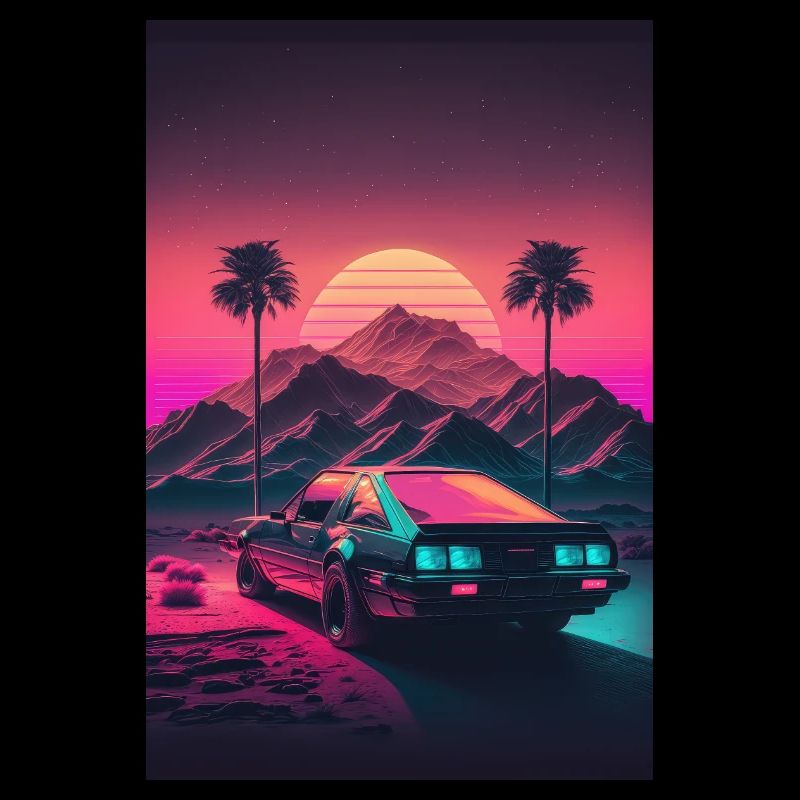 Synthwave Landshaft Rennauto Retro Sonne Palmen