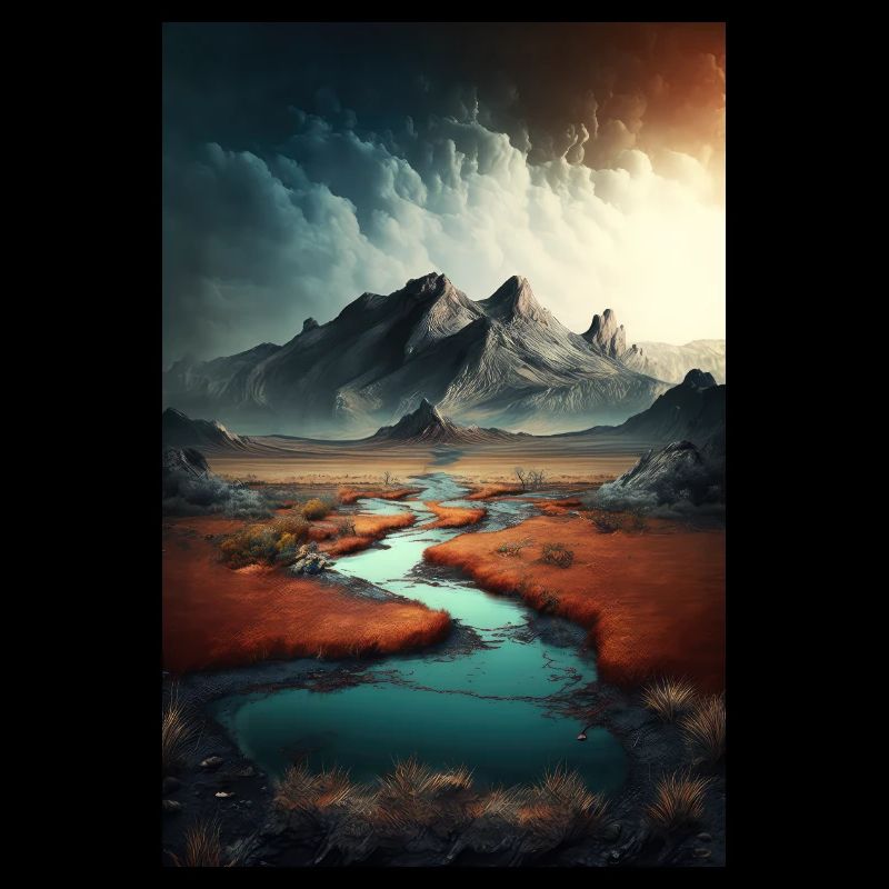 Surrelistic landscape mountains river pond meadows