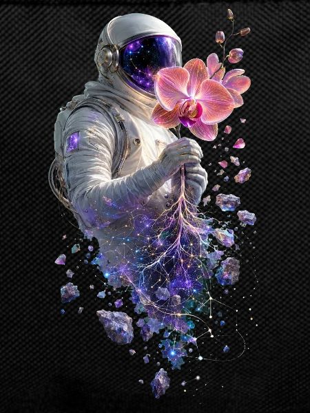 Kosmische Astronautin und Orchidee