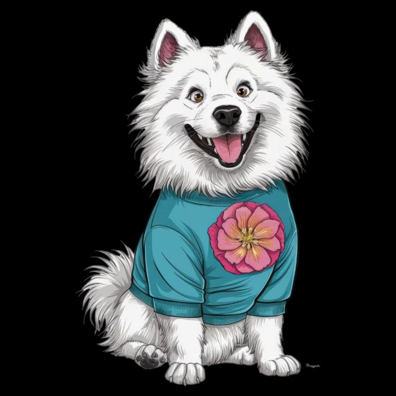 Dentelle de style dessin animé Samoyède avec de belles fleurs