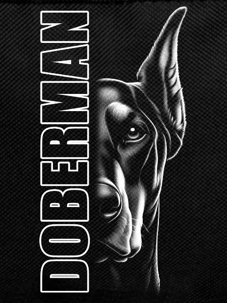 Dobermann Porträt mit vertikalem Schriftzug