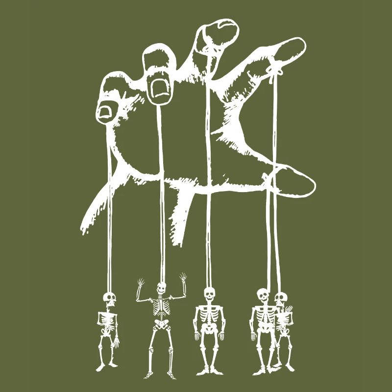 Skeleton marionettes on a hand pulling string over white