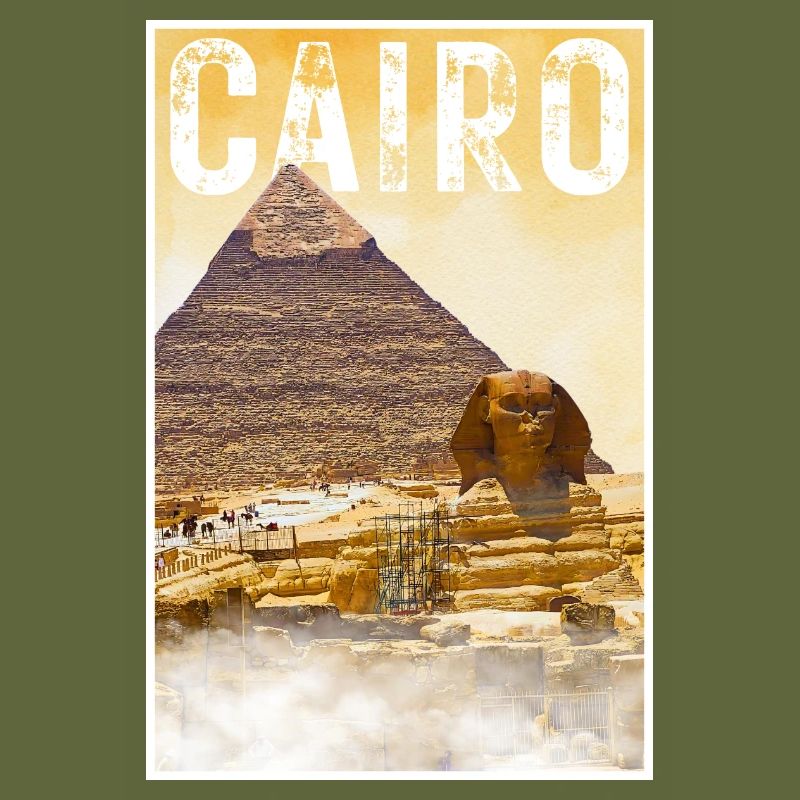 Affiche de voyage vintage du Caire avec pyramide et sphinx