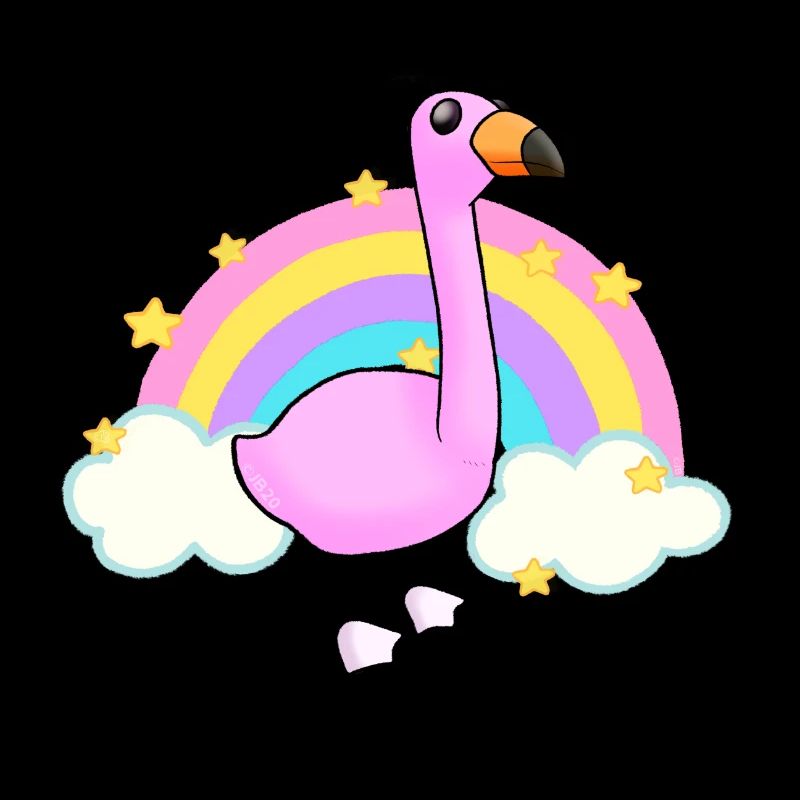 Flamant rose et un dessin animé arc-en-ciel