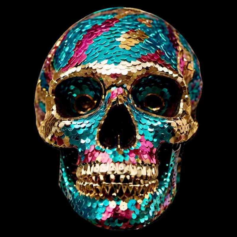 Skull, metallic, sequins, rivets, gold, silver