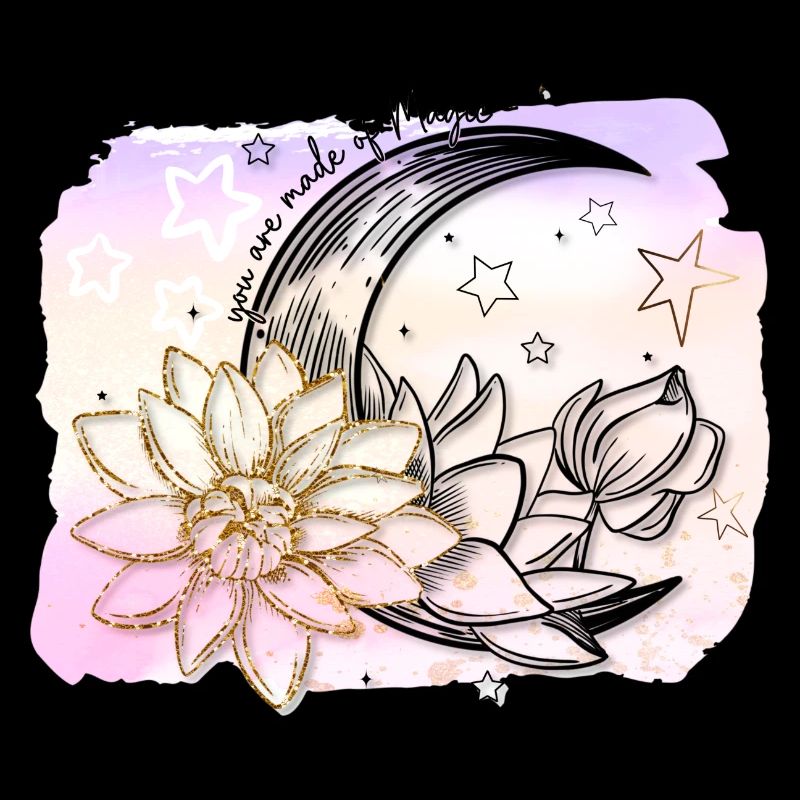 Croissant de lune avec des fleurs et des étoiles
