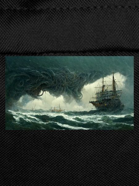 Sailing ship against sea monster