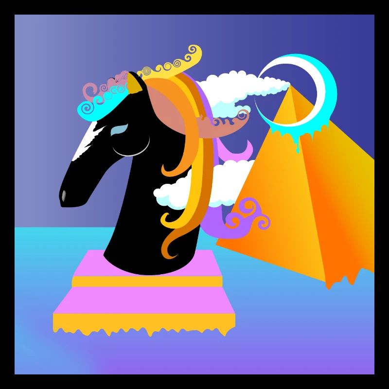 Cheval d’échecs pop art avec pyramide à l’arrière