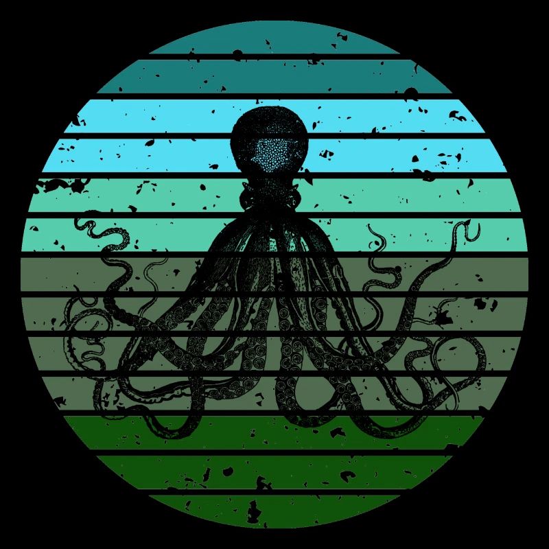 Green Blue Octopus Retro Artwork Sunrise