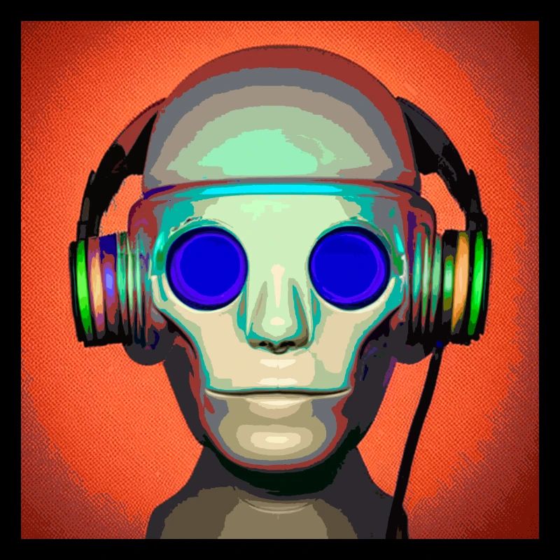 Büste eines Cyborgs, der Musik hört