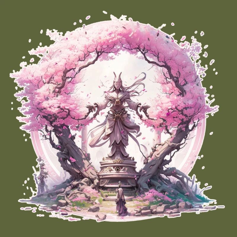 Statue under a cherry blossom tree