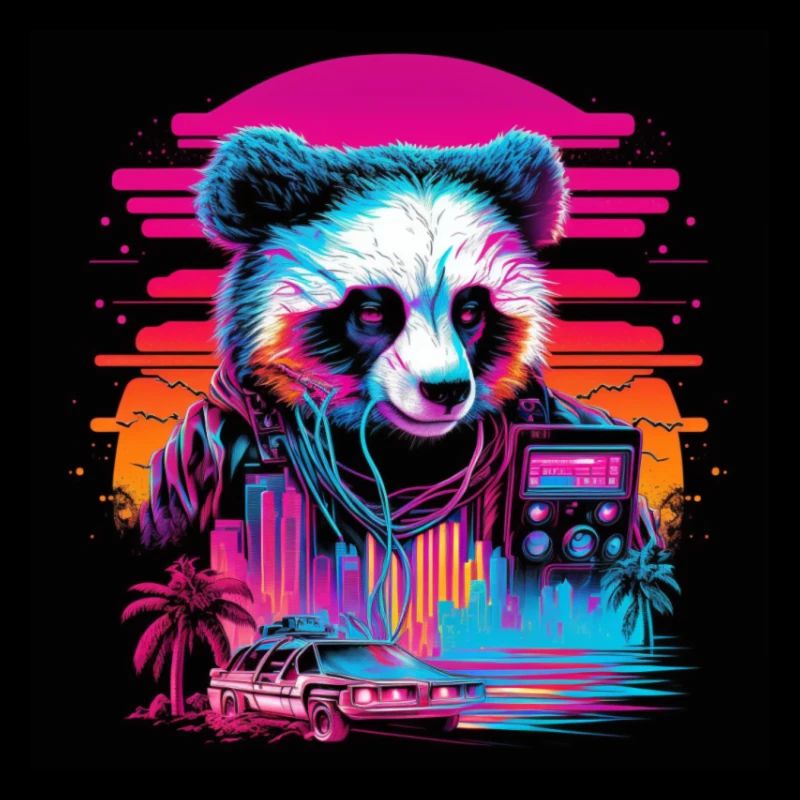 Panda aux couleurs néon, synthwave / 80s