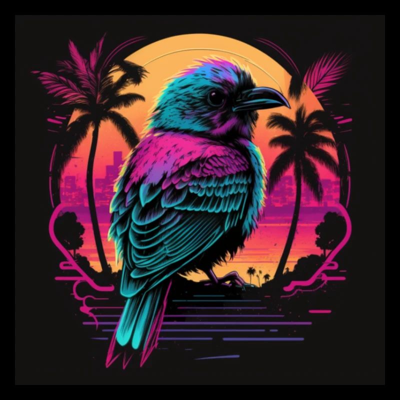 Oiseau aux couleurs néon, synthwave / 80s