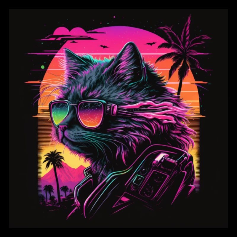 Cat with neon colors, synthwave / 80s