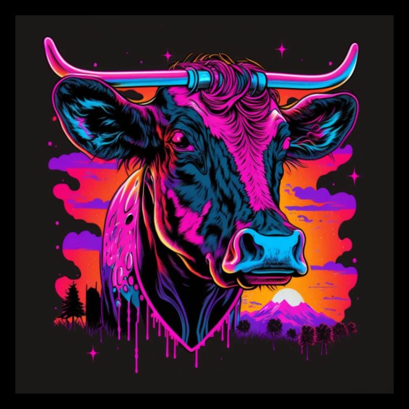 Kuh mit Neonfarben, Synthwave / 80er Jahre