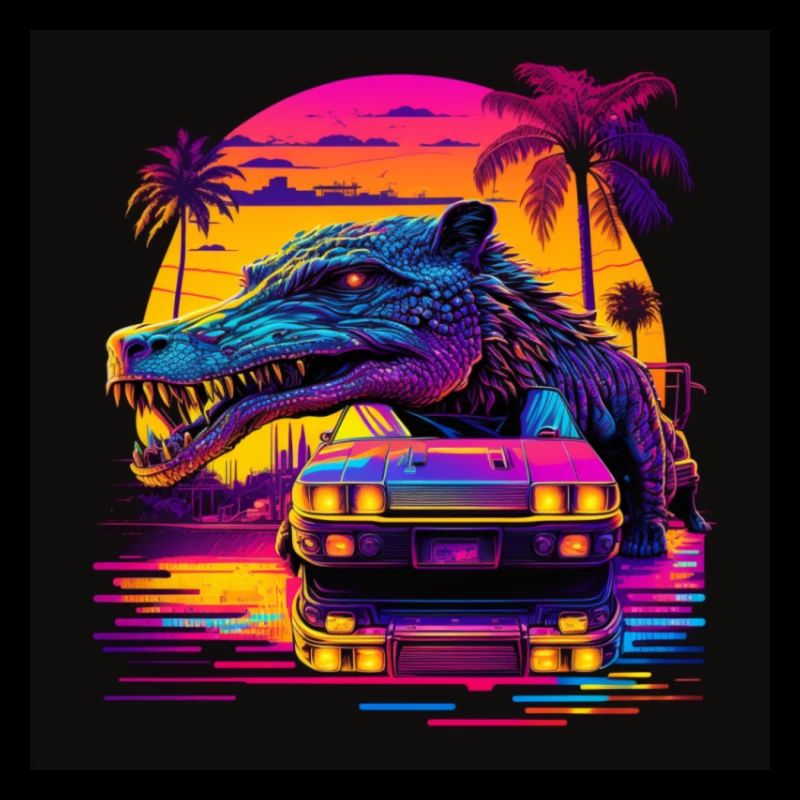Crocodile with neon colors, synthwave / 80s