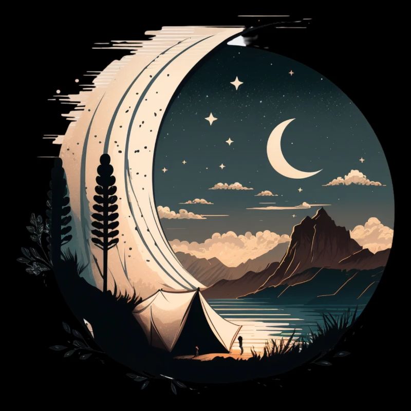 Camping with a tent in the moonlight