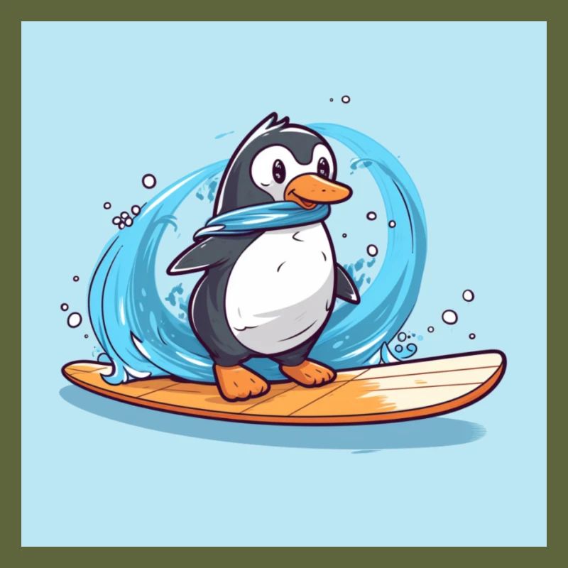 Pingouin de surf mignon sur une planche de surf