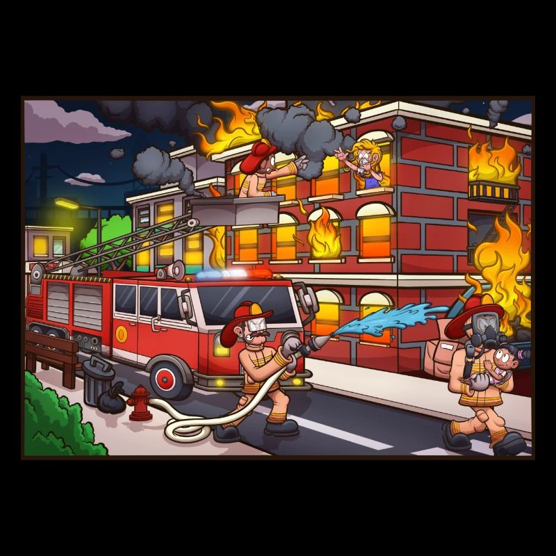 Cartoon Firefighters Saving People