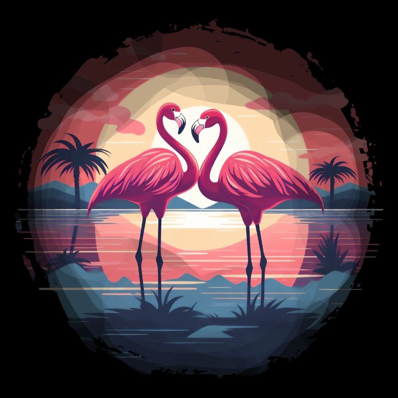 Flamingo, Couple, Sunset, Sun, Beach