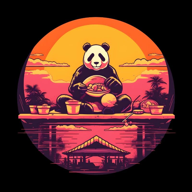 Synthwave eating Panda Japan Sunset