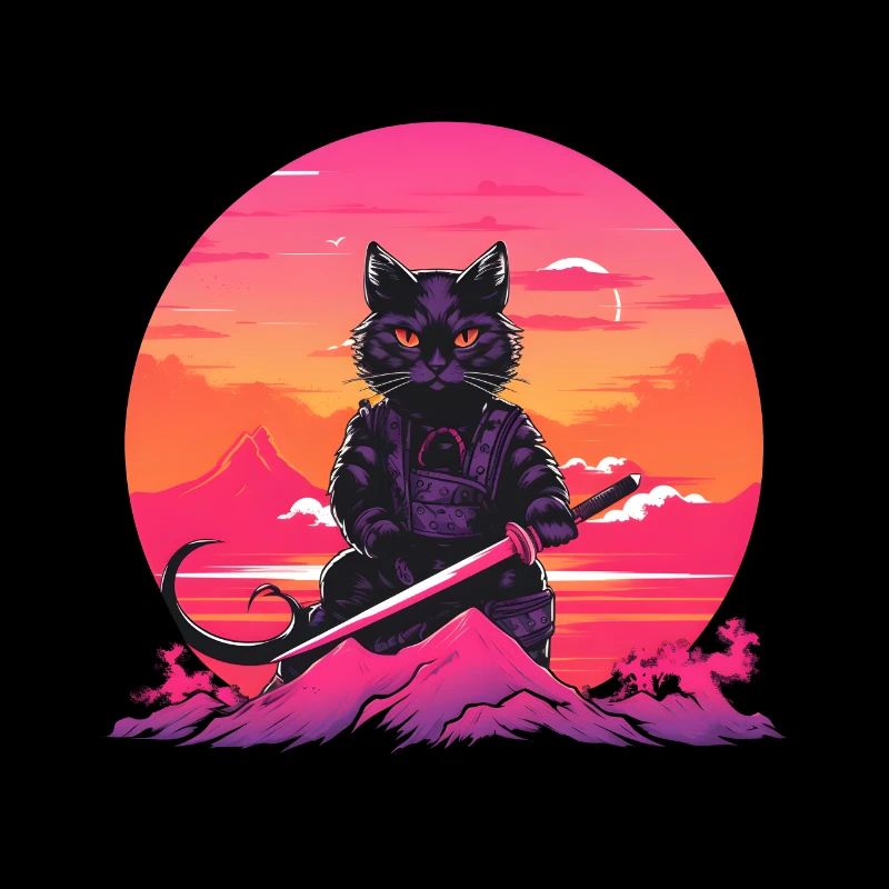 Synthwave samurai Cat with katana