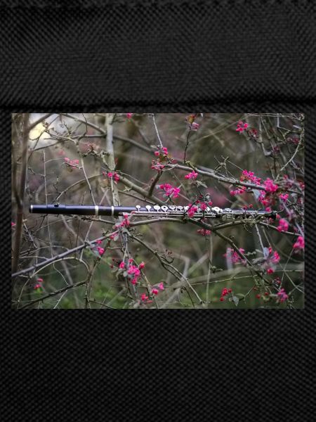 A flute between purple flowers.