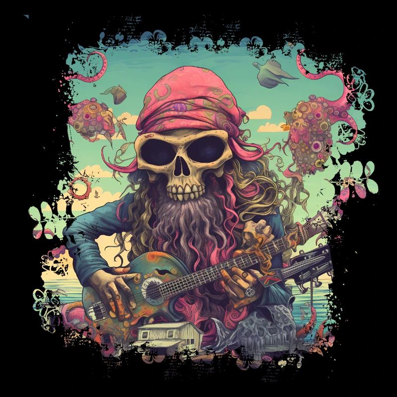 Psychedelic hippie skeleton with guitar