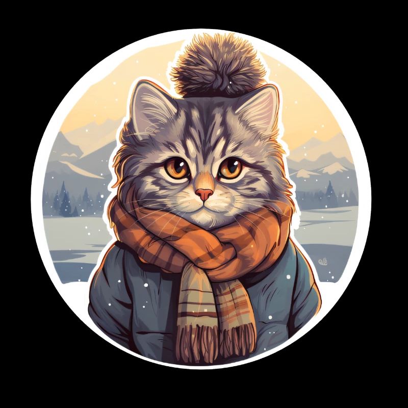 Cat in the snow with scarf and jacket
