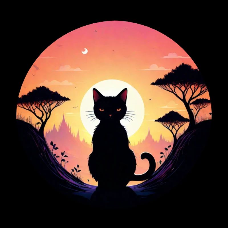 chat paysage et coucher de soleil
