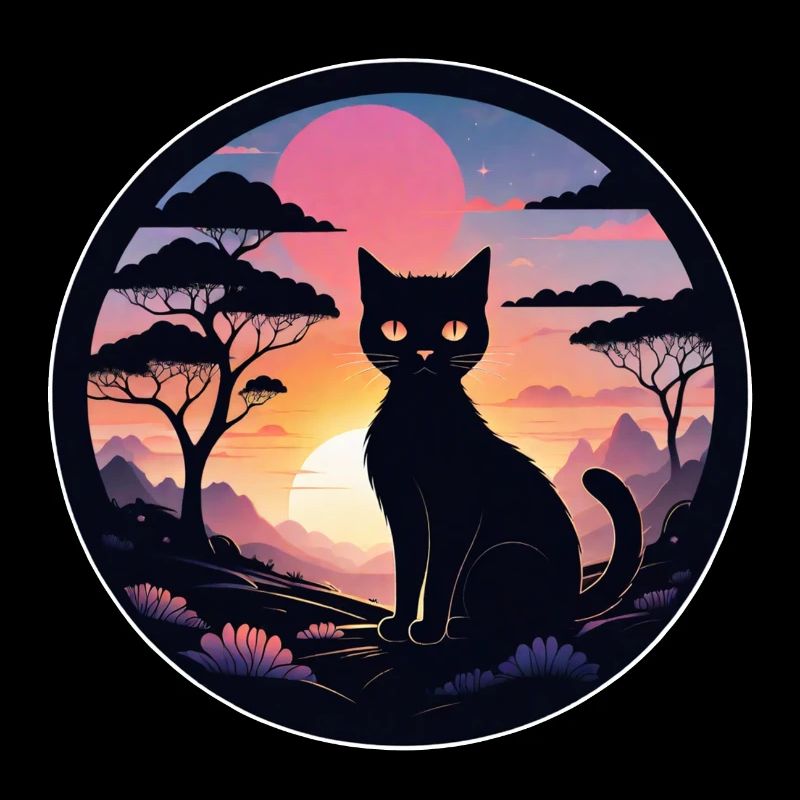 chat paysage et coucher de soleil