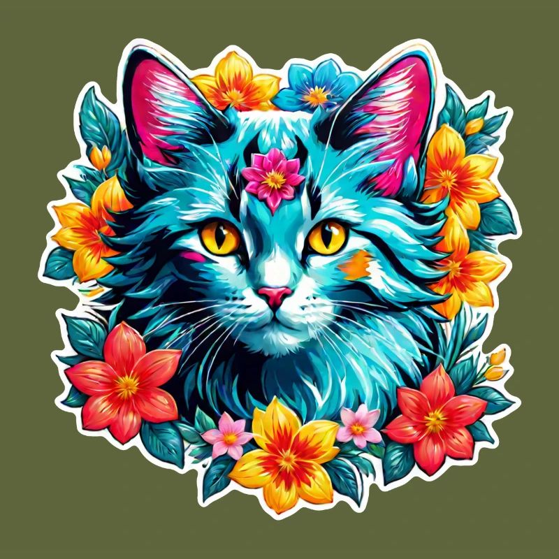 chat et fleur aquarelle