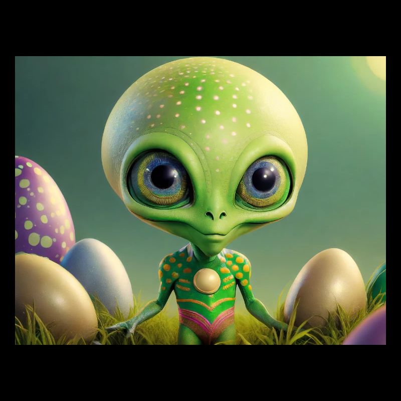 cute little green retro alien with easter eggs