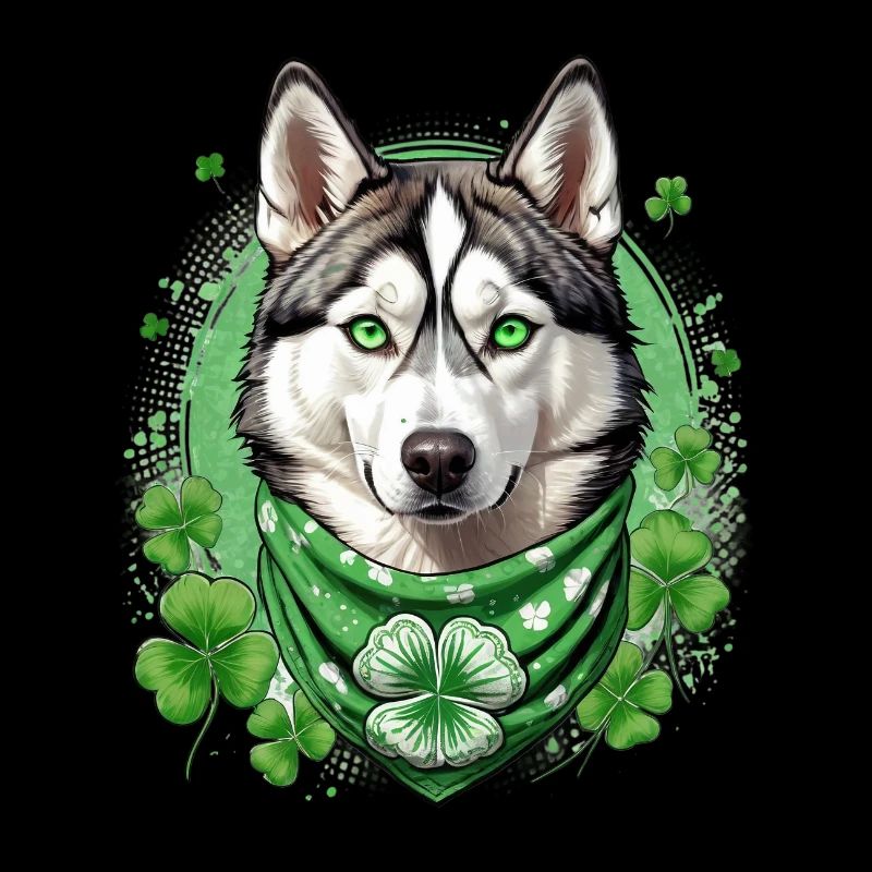 Chien husky avec Bandana de trèfle vert St. Patrick’s
