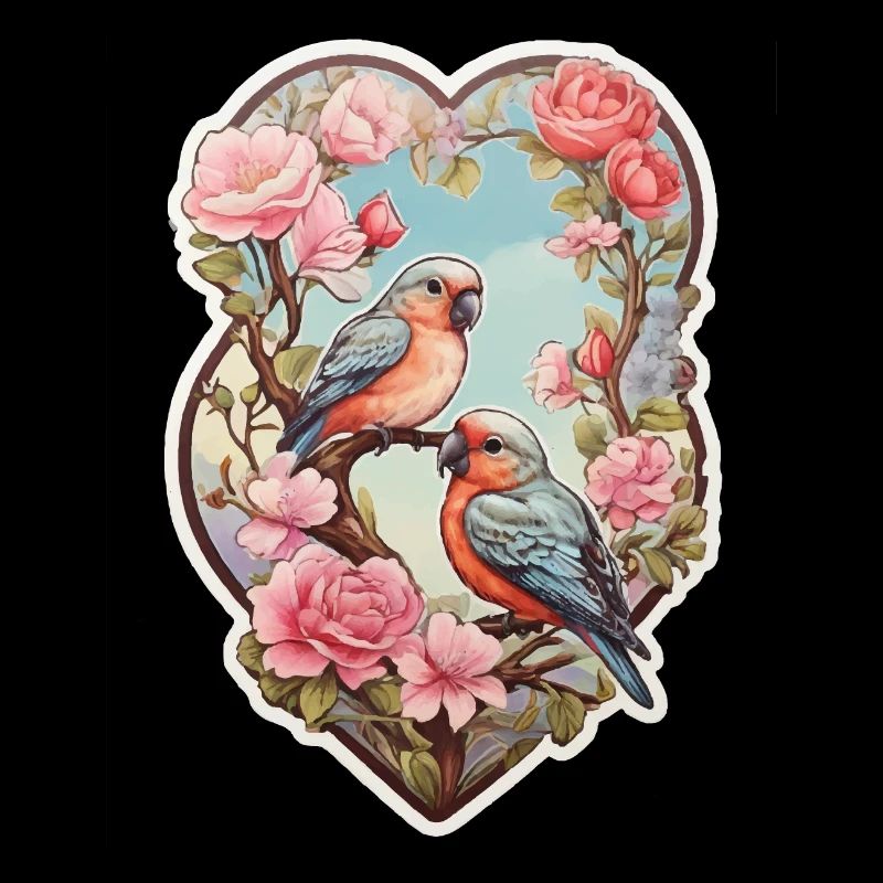 Two lovebirds sit on a heart-shaped ace