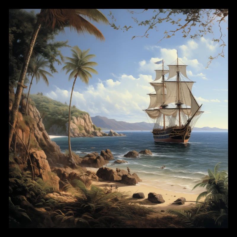 Sailing ship on tropical coast