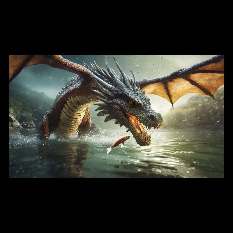 A realistic bad dark dragon is hunting fish