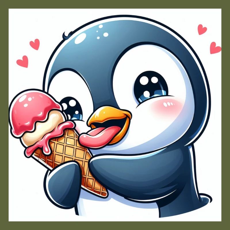 Süsser Pinguin am Softeis essen. Pinguin mit Eis