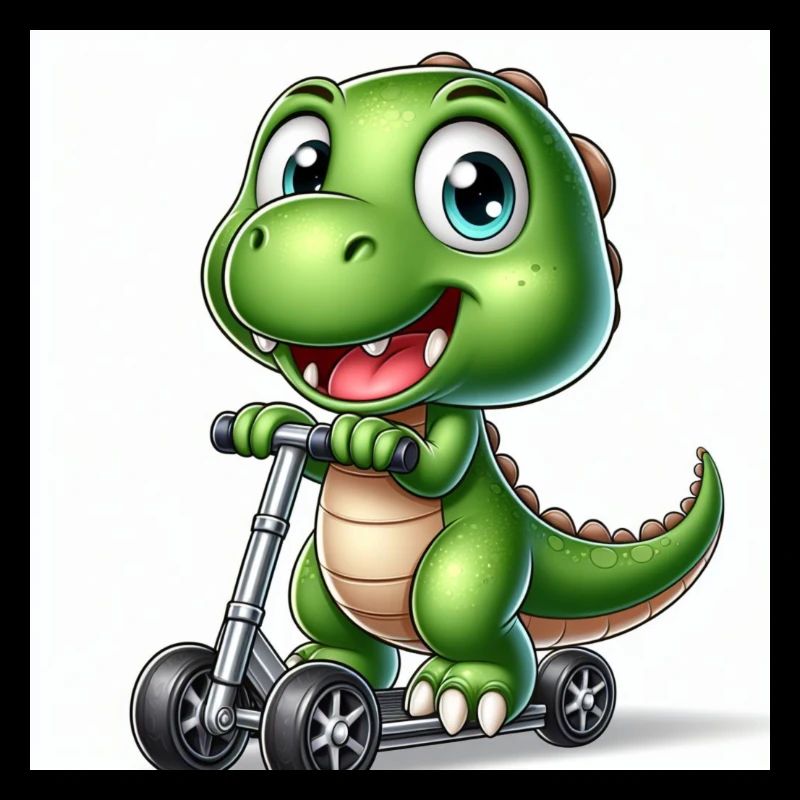 Crocodile green with blue eyes on a scooter