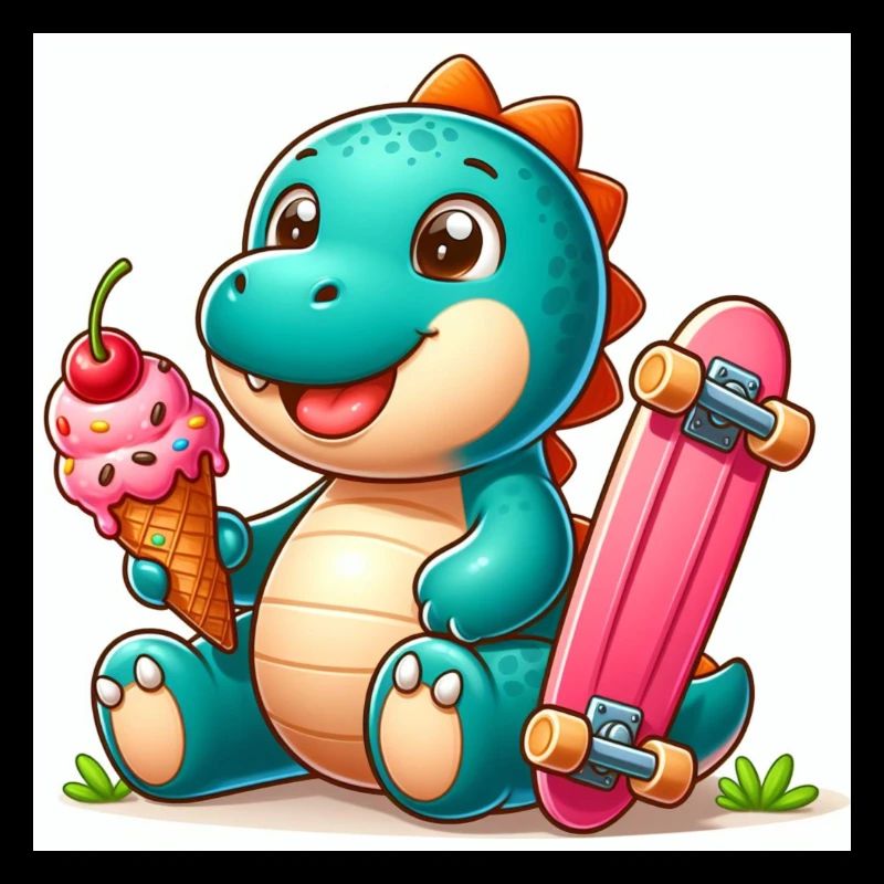 Türkis Dino mit Eiswaffel und Skateboard