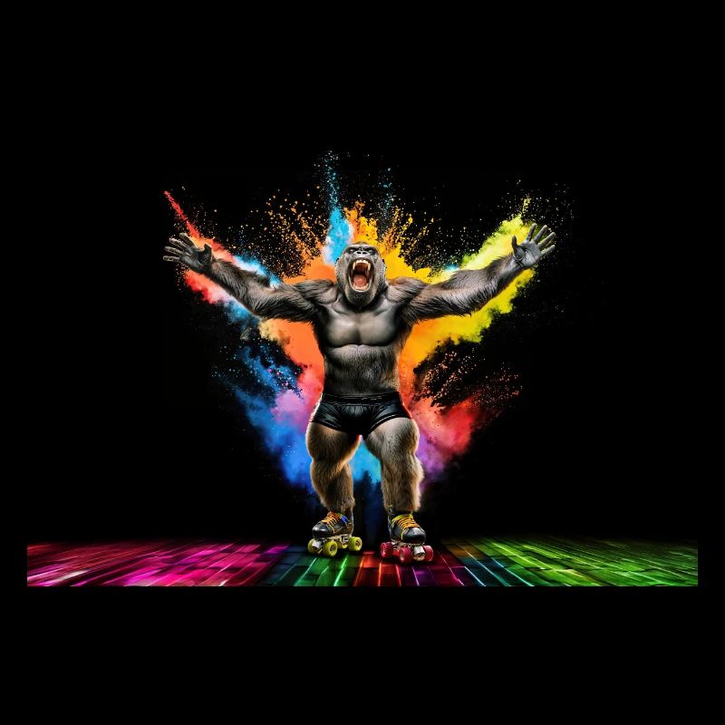 Gorilla on roller skates in a disco ambience