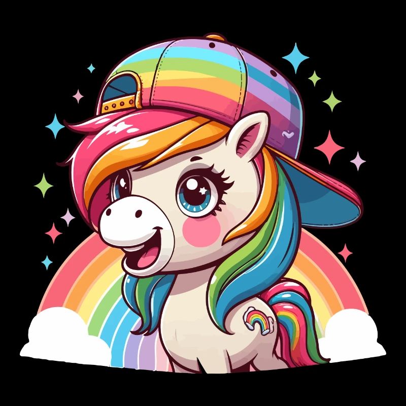 Niedliches Regenbogenpony mit Mütze
