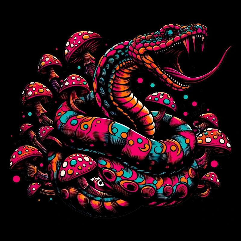 Psychedelic snake with mushrooms