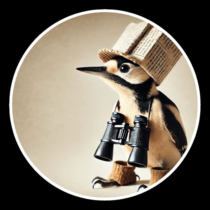Pic épeiche avec chapeau de journal et jumelles